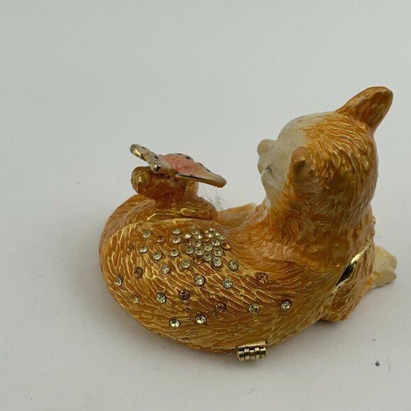 Cat with Butterfly Hinged Trinket Box, Jeweled & Enamel - NEW - Picture 5 of 10